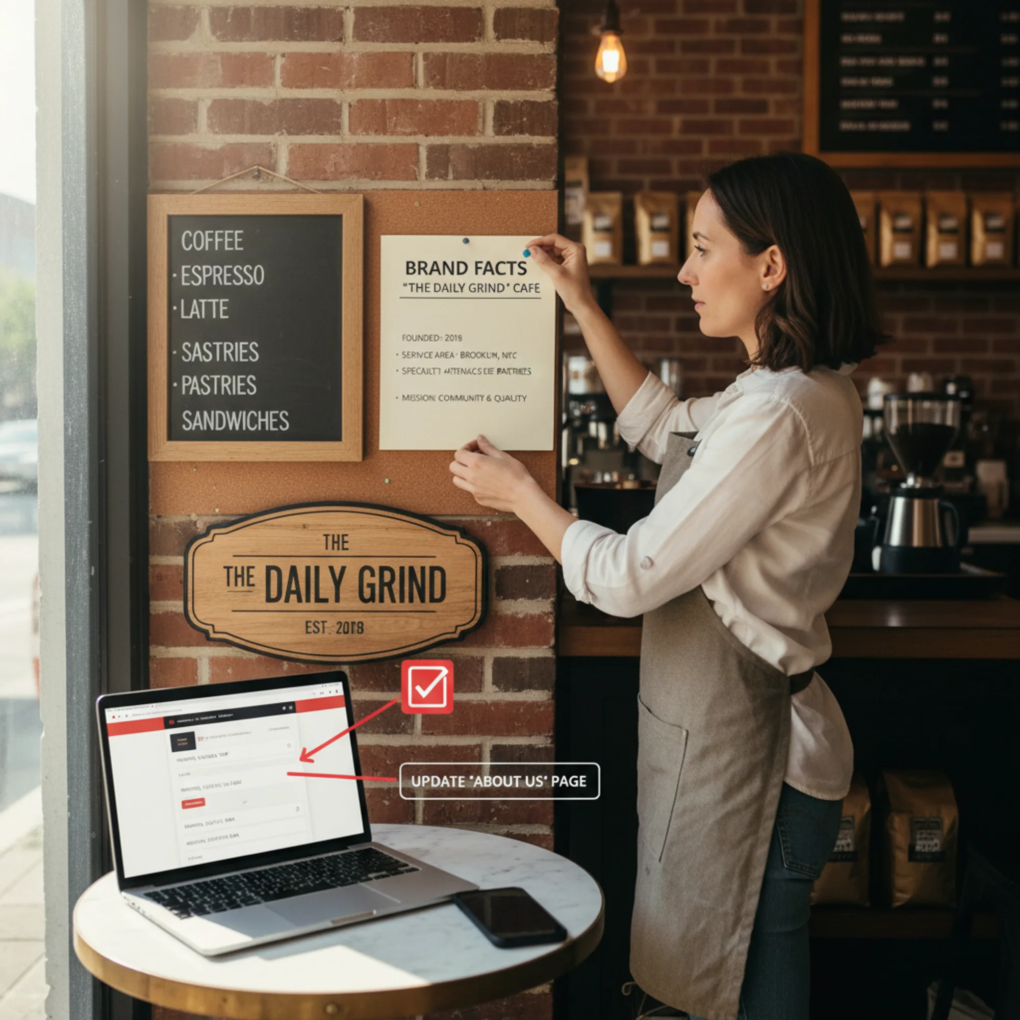A small business owner pinning a printed "Brand Facts" sheet to a corkboard next to their storefront menu, with key details like business name, founding year, and service area clearly visible