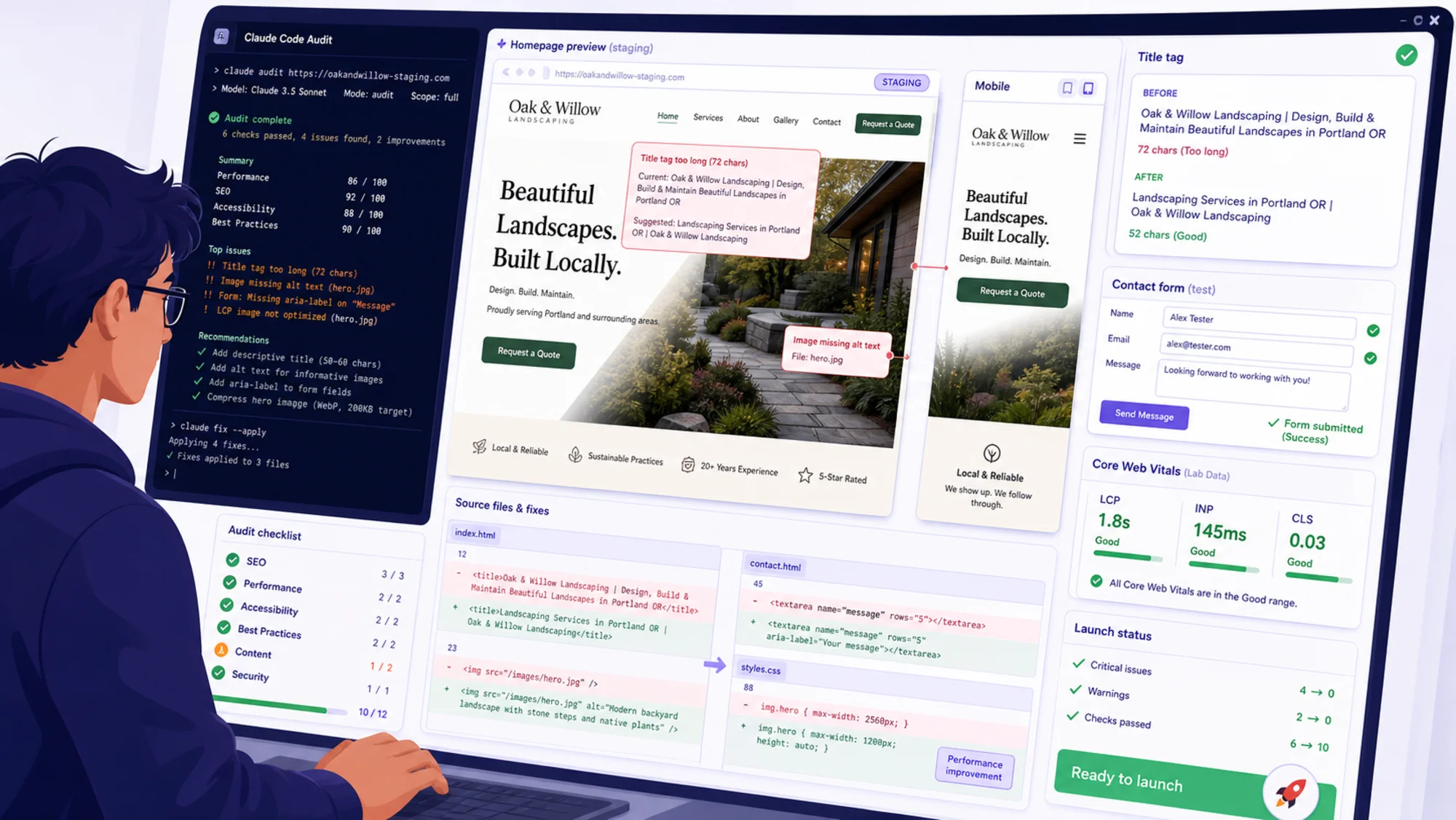 Hero image of a developer reviewing a small business staging site with Claude Code audit output visible: homepage preview, mobile viewport, title tag checklist, contact form test, Core Web Vitals notes, and launch status labels