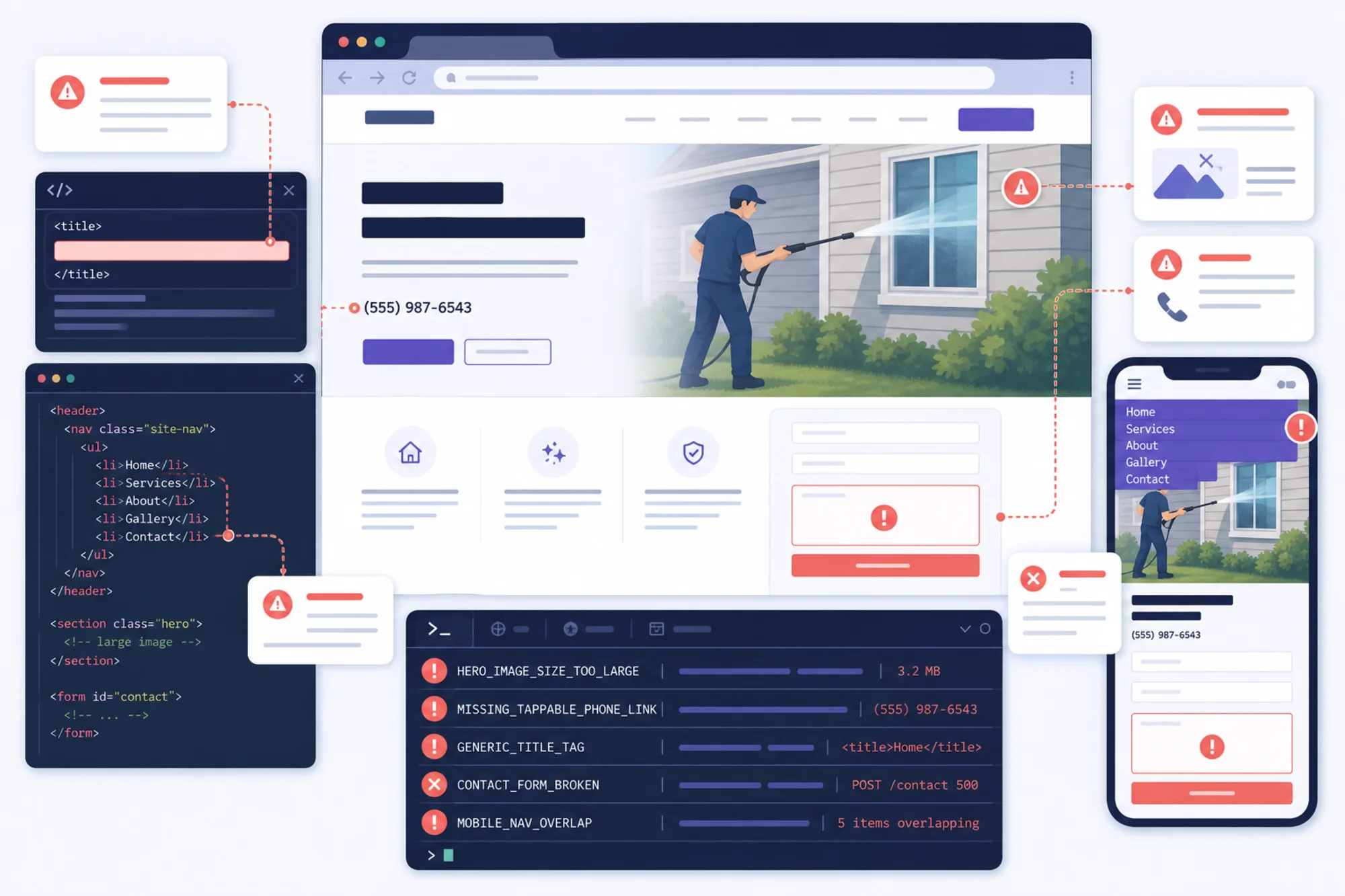 Problem-state image of a nearly launched local service website with visible launch issues: oversized hero image warning, missing tappable phone link, generic title tag, broken contact form error, and mobile navigation overlap