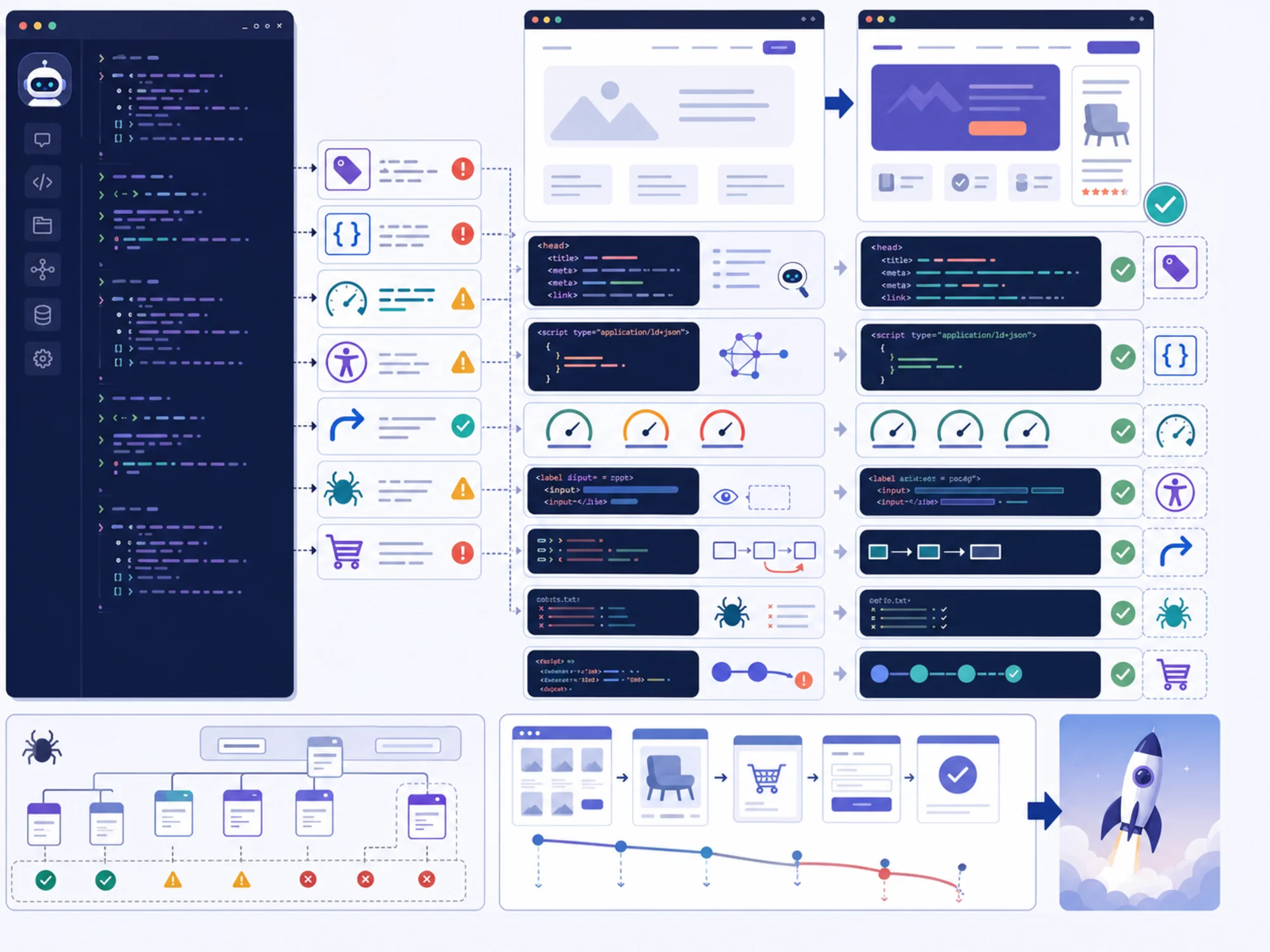 Process-analysis image showing Claude Code findings organized into actionable website fixes: metadata, JSON-LD structured data, Core Web Vitals, accessibility labels, redirects, crawlability, and conversion-path checks