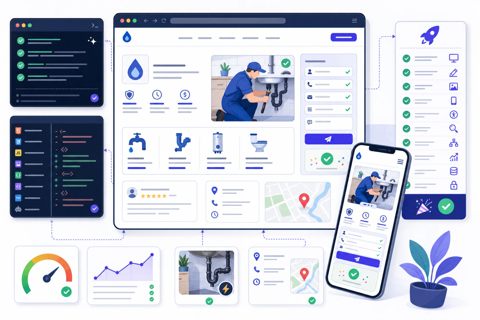 Outcome-transformation image of the corrected small business website live on desktop and mobile with a working quote form, clear service page, fast-loading image, local business details, and completed launch checklist