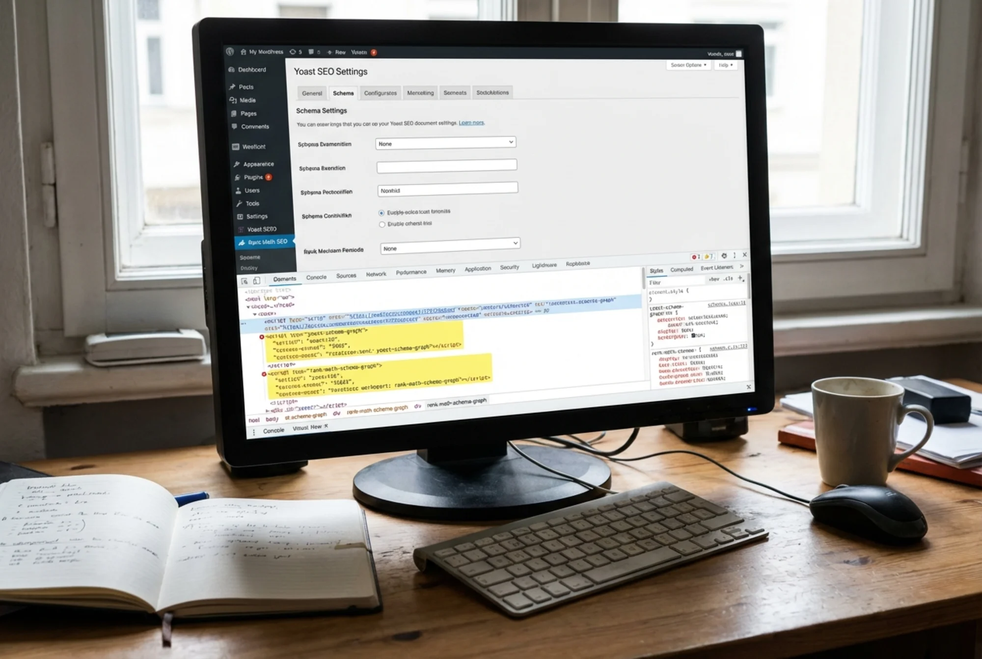 A WordPress admin dashboard open to the Yoast SEO settings panel, with a second schema plugin (RankMath) also active in the plugins list — two conflicting JSON-LD blocks highlighted in the page source code shown in a browser dev tools pane beneath