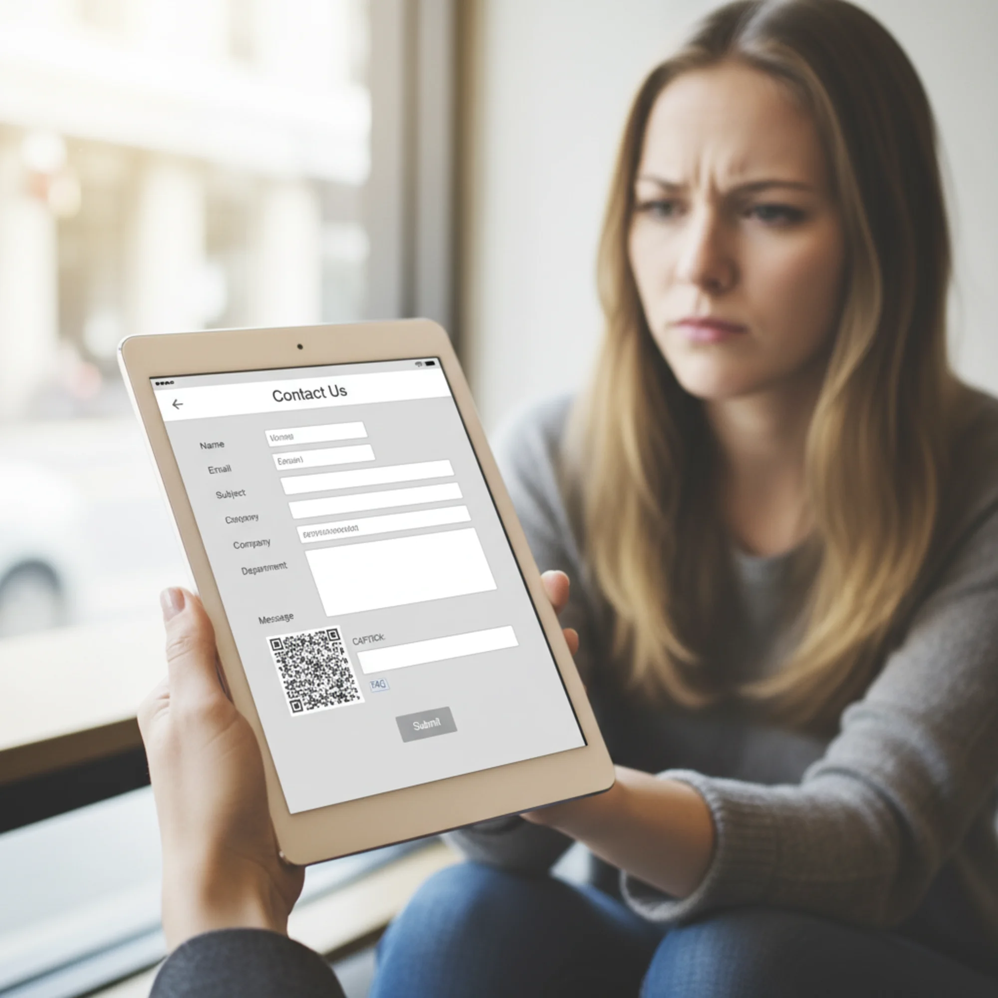 A cluttered small business contact page with a wall of form fields, no phone number visible, a broken CAPTCHA, and a generic "Submit" button — the visitor looks confused and is about to tap the back button