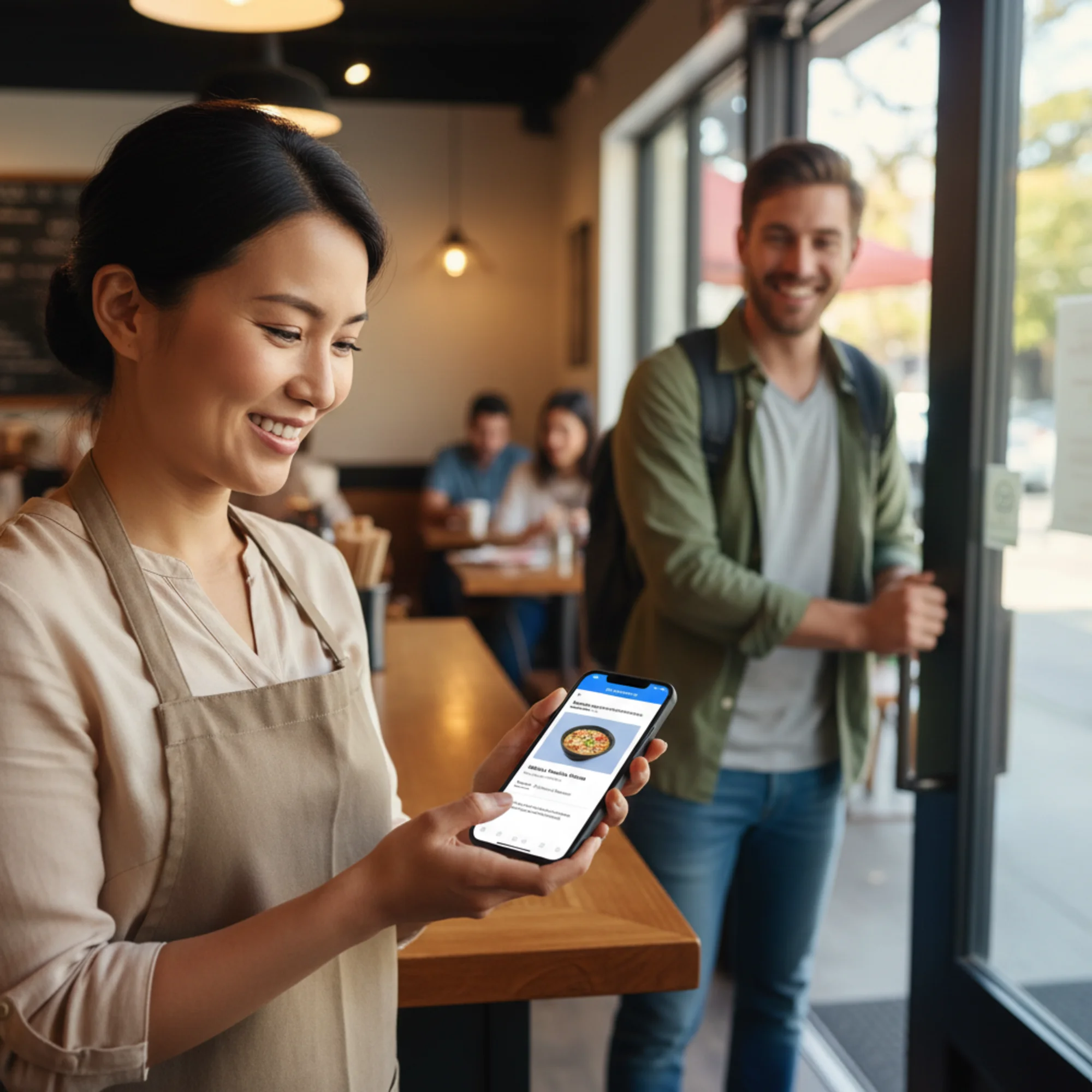 A happy restaurant owner checking their phone where an AI assistant accurately recommends their restaurant by name, address, and specialty dish, with a customer walking through the front door in the background