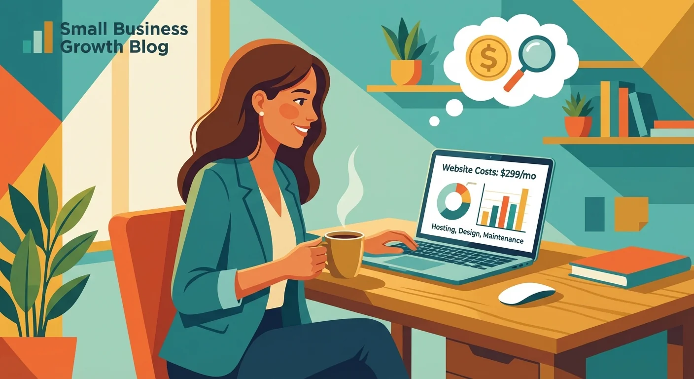 Small business owner reviewing website costs on laptop