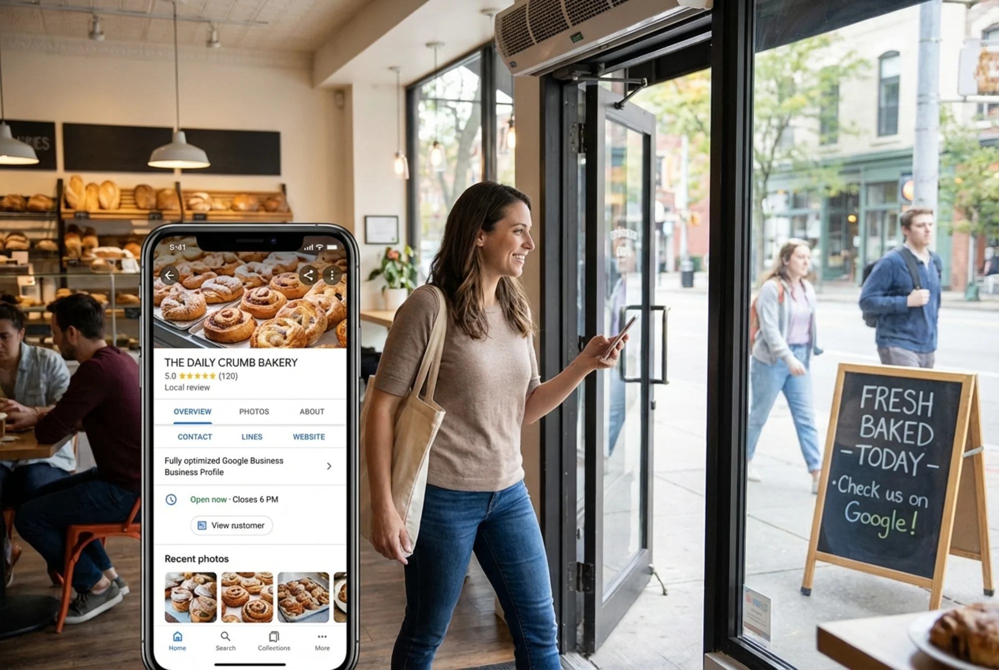 A local bakery entrance with a customer walking in holding a phone that displays the bakery's fully completed Google Business Profile showing five-star reviews, photos, and updated hours