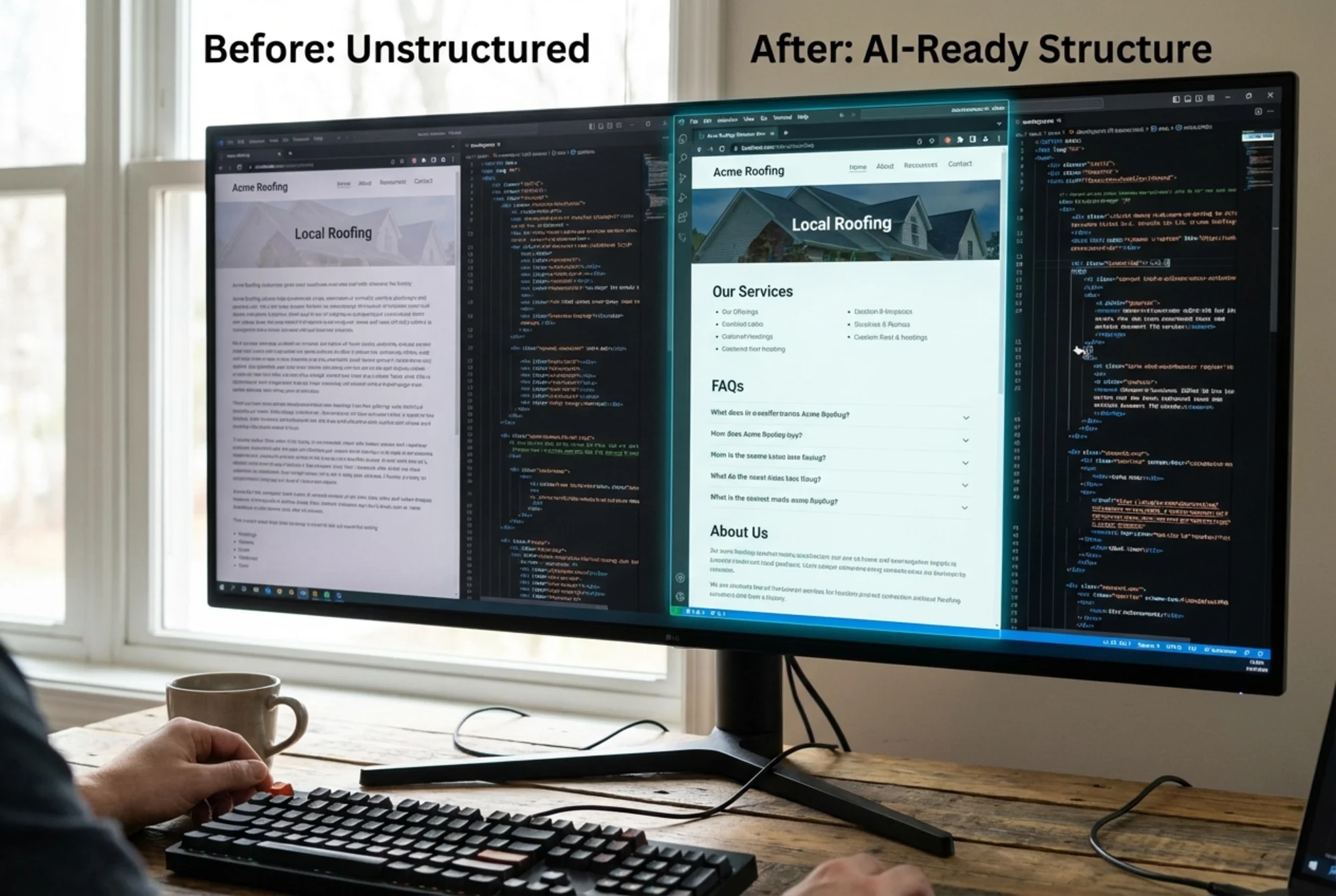 A split screen showing two local business websites side by side: one with dense unstructured text blocks and no headings, the other with clear headings, bullet points, and structured FAQ sections — the messy one faded out, the clean one glowing