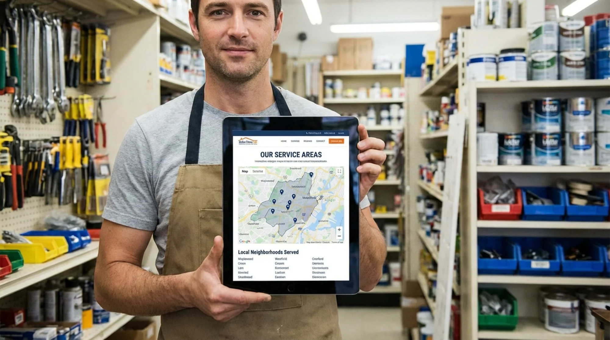 A local service business website showing a clean service area map with labeled cities and neighborhoods, viewed on a tablet held by a small business owner standing in their shop