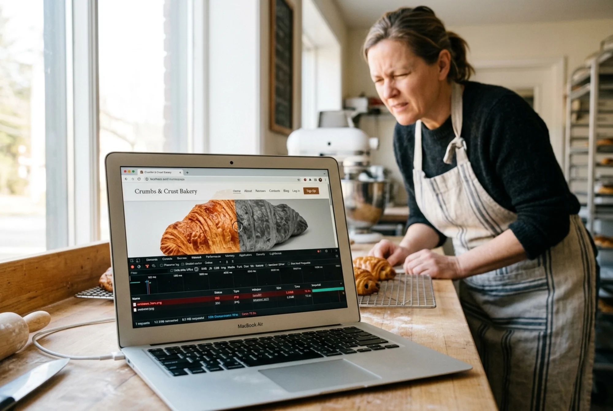 Laptop showing a small bakery homepage with a 3.8MB PNG croissant photo still loading, Chrome DevTools Network panel open underneath highlighting the oversized image row in red, bakery owner squinting at the slow page in soft focus background