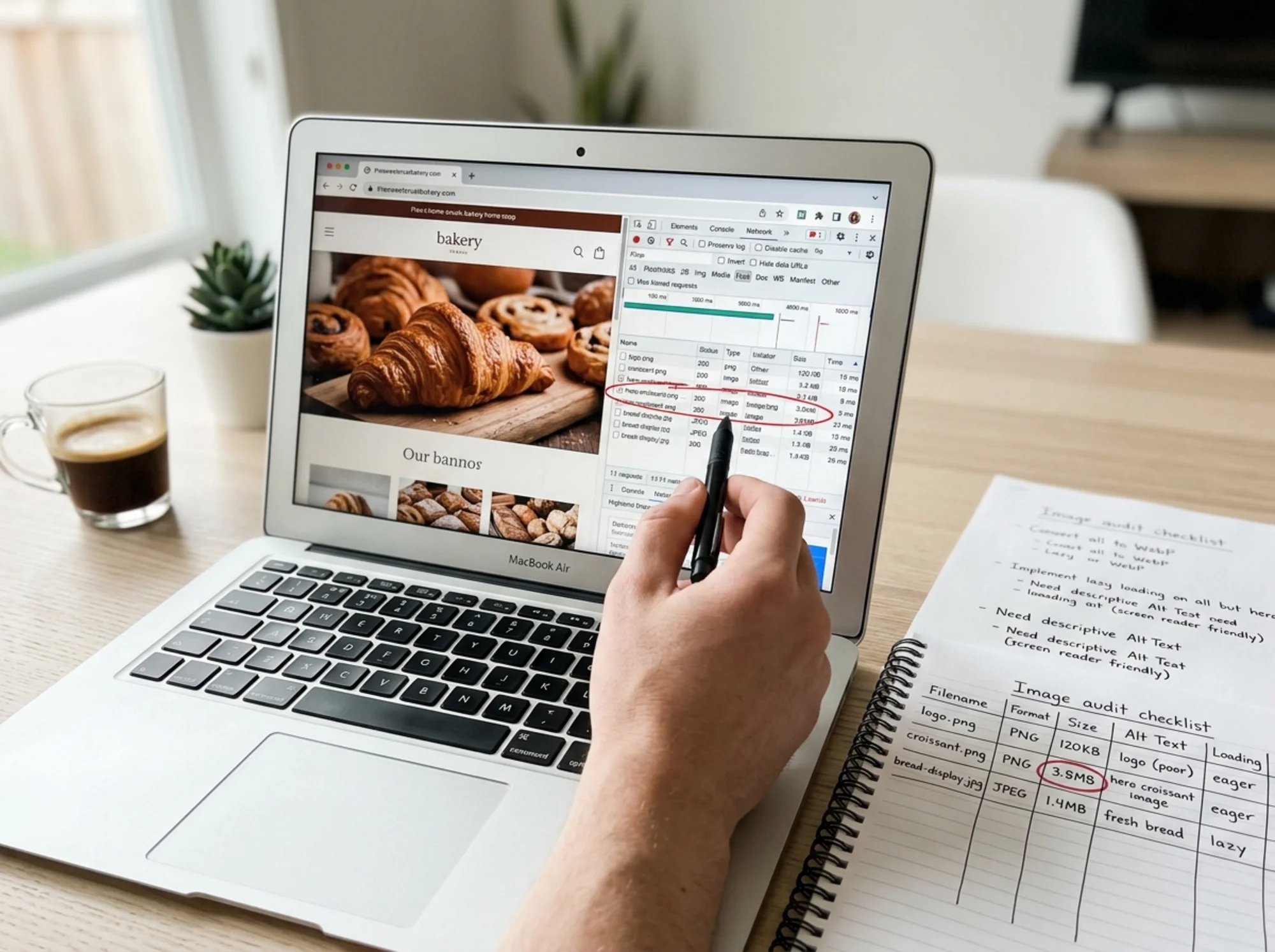 Notepad with a hand-drawn image audit checklist beside an open laptop showing a bakery homepage in Chrome DevTools, columns labeled Format, Alt Text, Loading, a pen circling a row reading "hero-croissant.png — 3.8MB"
