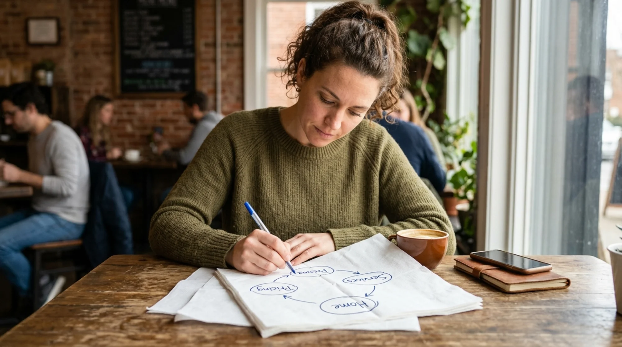 A small business owner at a cafe table sketching a website sitemap on paper napkins, with circles labeled "Home," "Services," and "Pricing," and arrows showing internal links between them, warm natural lighting, focused expression