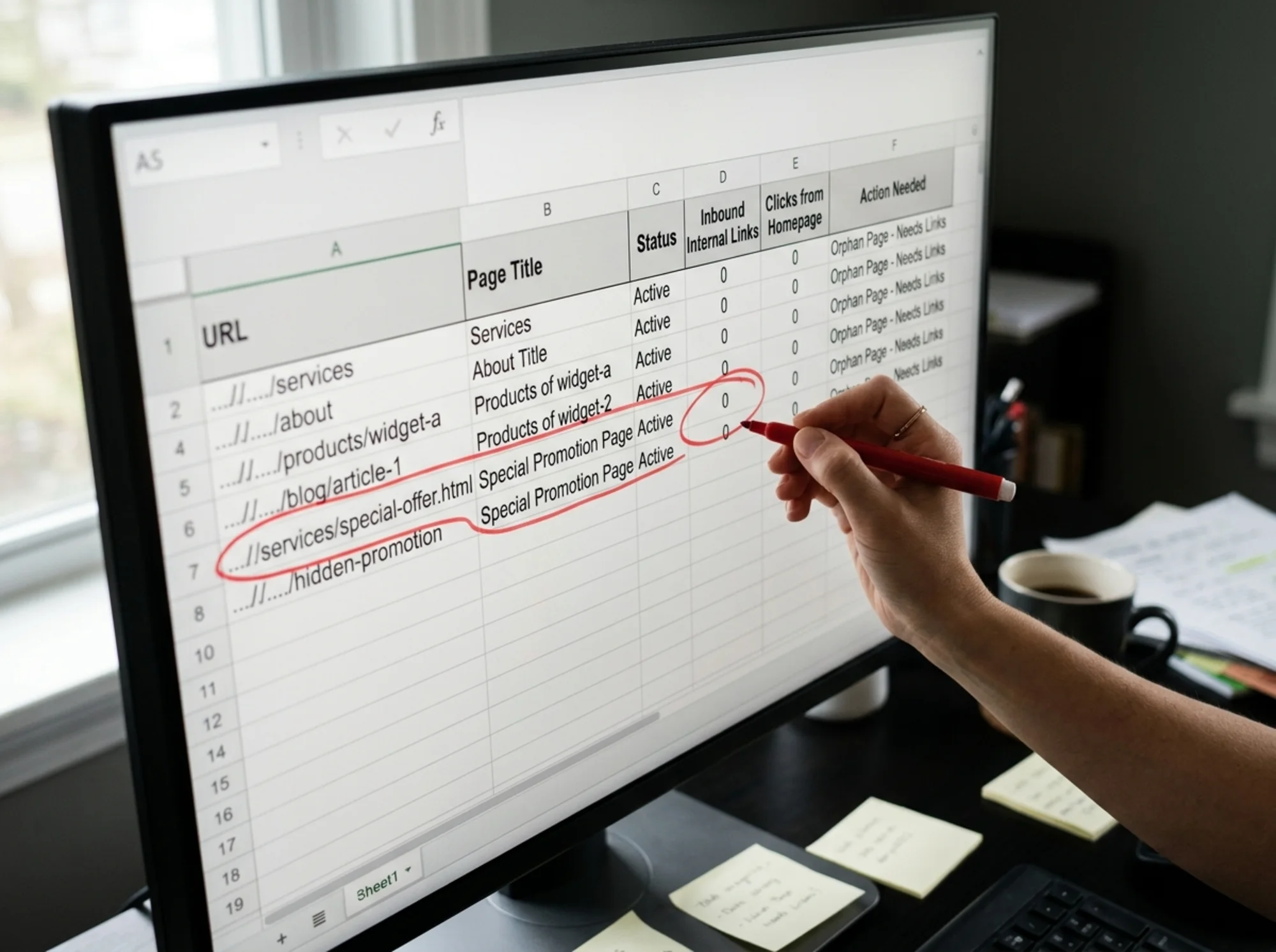 A spreadsheet on a monitor with columns for URL, "inbound internal links," and "clicks from homepage," a hand using a red pen to circle one row marked "0 links — orphan page," close-up shot