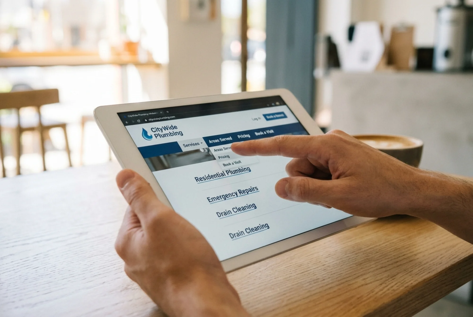A clean tablet view of a plumbing company website with a tidy main navigation showing "Services, Areas Served, Pricing, Book a Visit," and a customer's finger tapping a service link, bright daylight setting