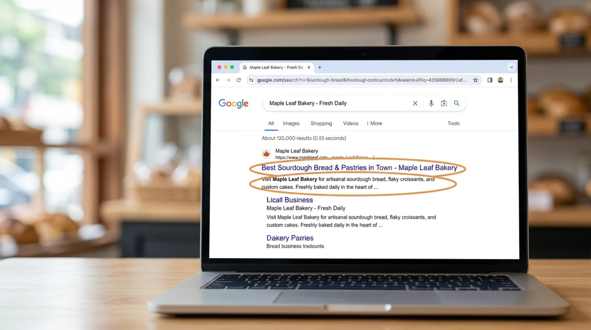 A clean Google search results page showing a small business listing—a local bakery or plumbing company—with the title tag and meta description snippet visually highlighted or circled, demonstrating exactly what these tags look like to a real searcher
