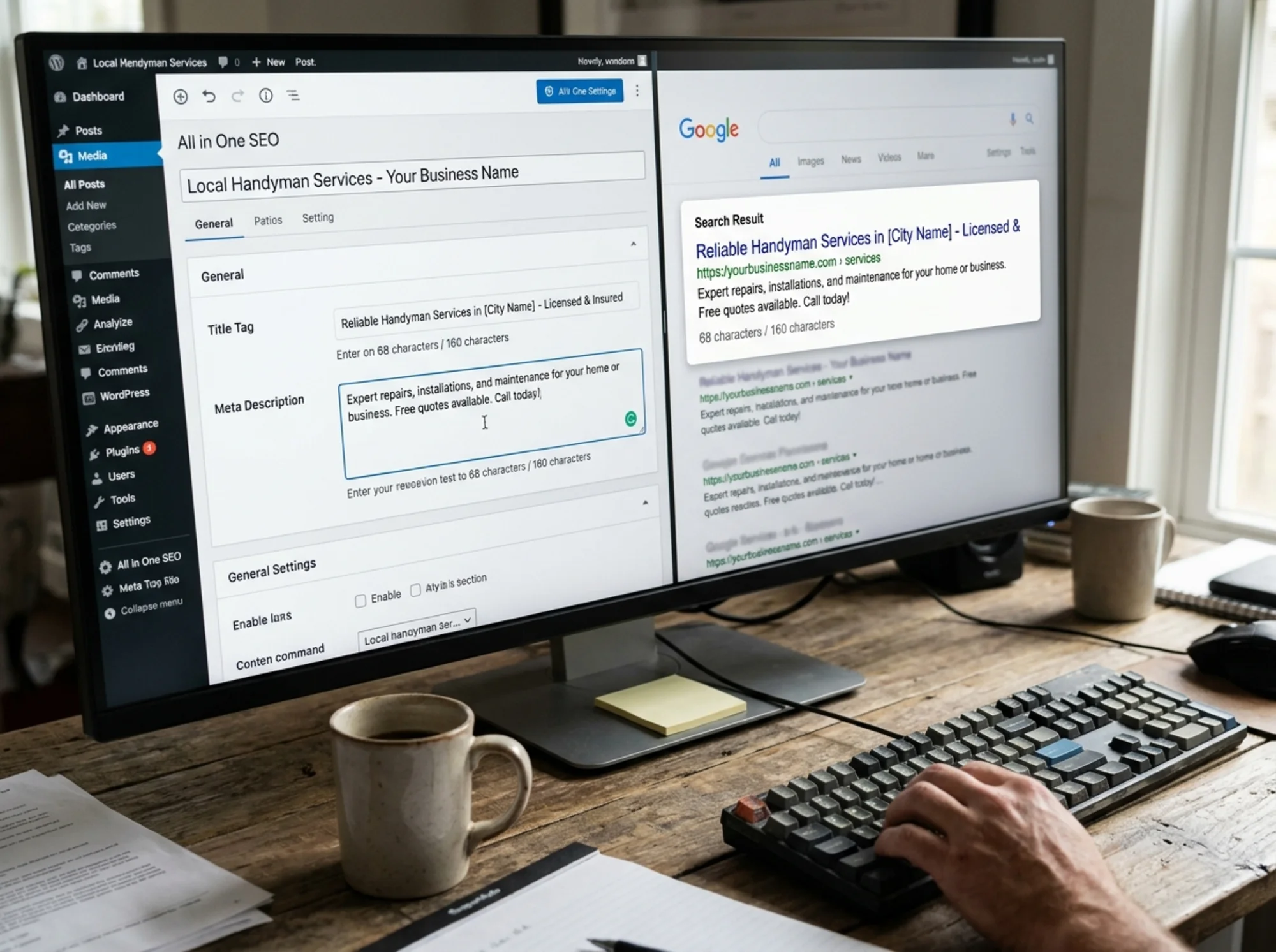 A split-screen showing a CMS meta fields panel on the left (WordPress or Squarespace meta tag input fields with a title and description being typed in) and a live Google search snippet preview on the right updating in real time to reflect the changes