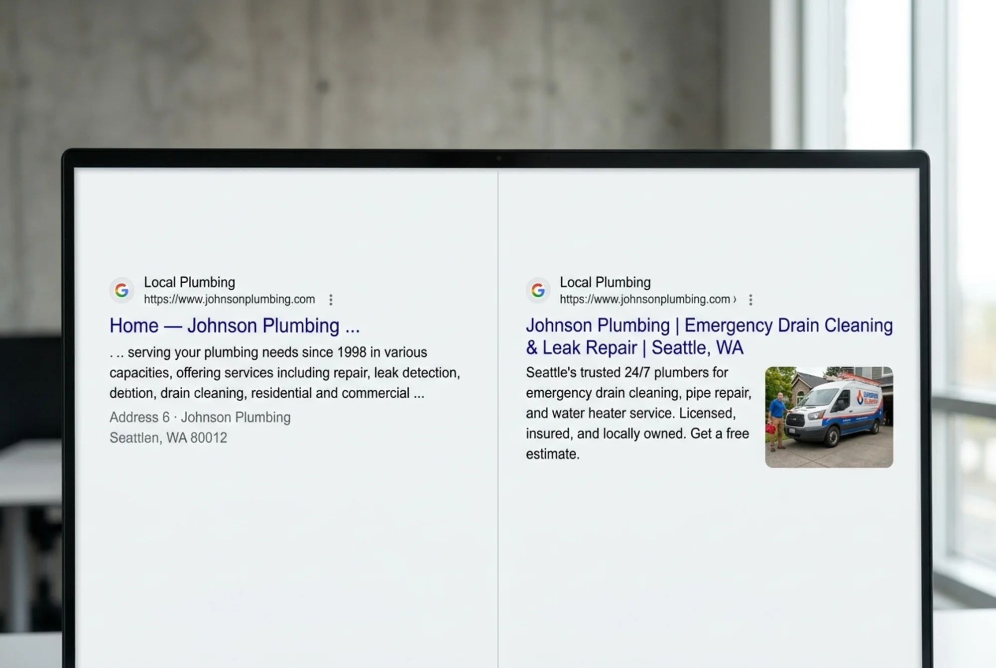 A side-by-side Google search result comparison for the same local plumbing business — on the left a truncated "Home — Johnson Plumbing" with an auto-scraped description fragment, on the right a properly crafted title with city and service name, a complete meta description, and a social share card showing a service-van photo — illustrating the before-and-after of fixing the exact issues uncovered in a meta tag audit