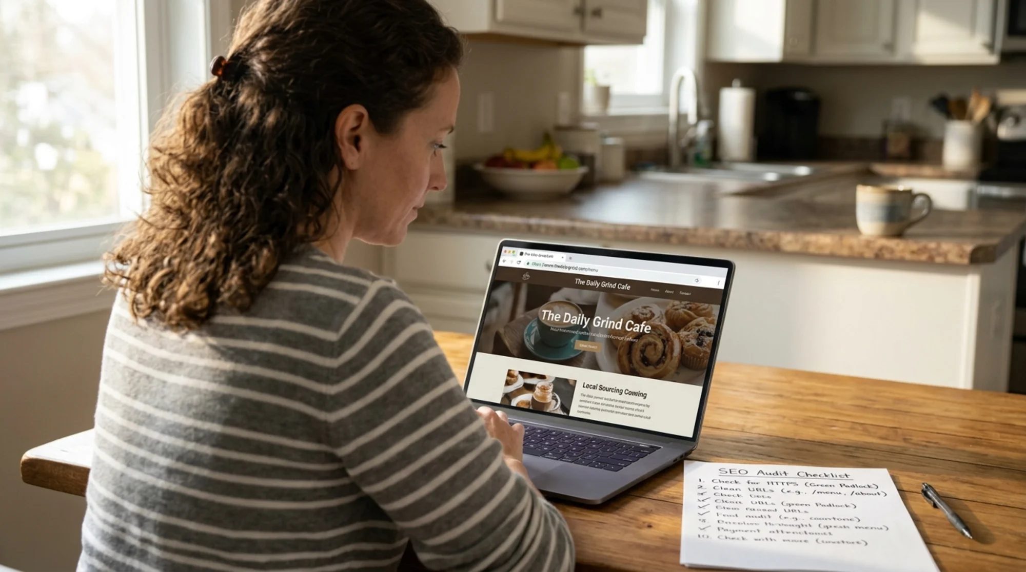Small business owner seated at a kitchen table with a printed checklist beside a laptop showing their website's homepage, browser address bar displaying a green padlock and clean URL structure, natural morning light