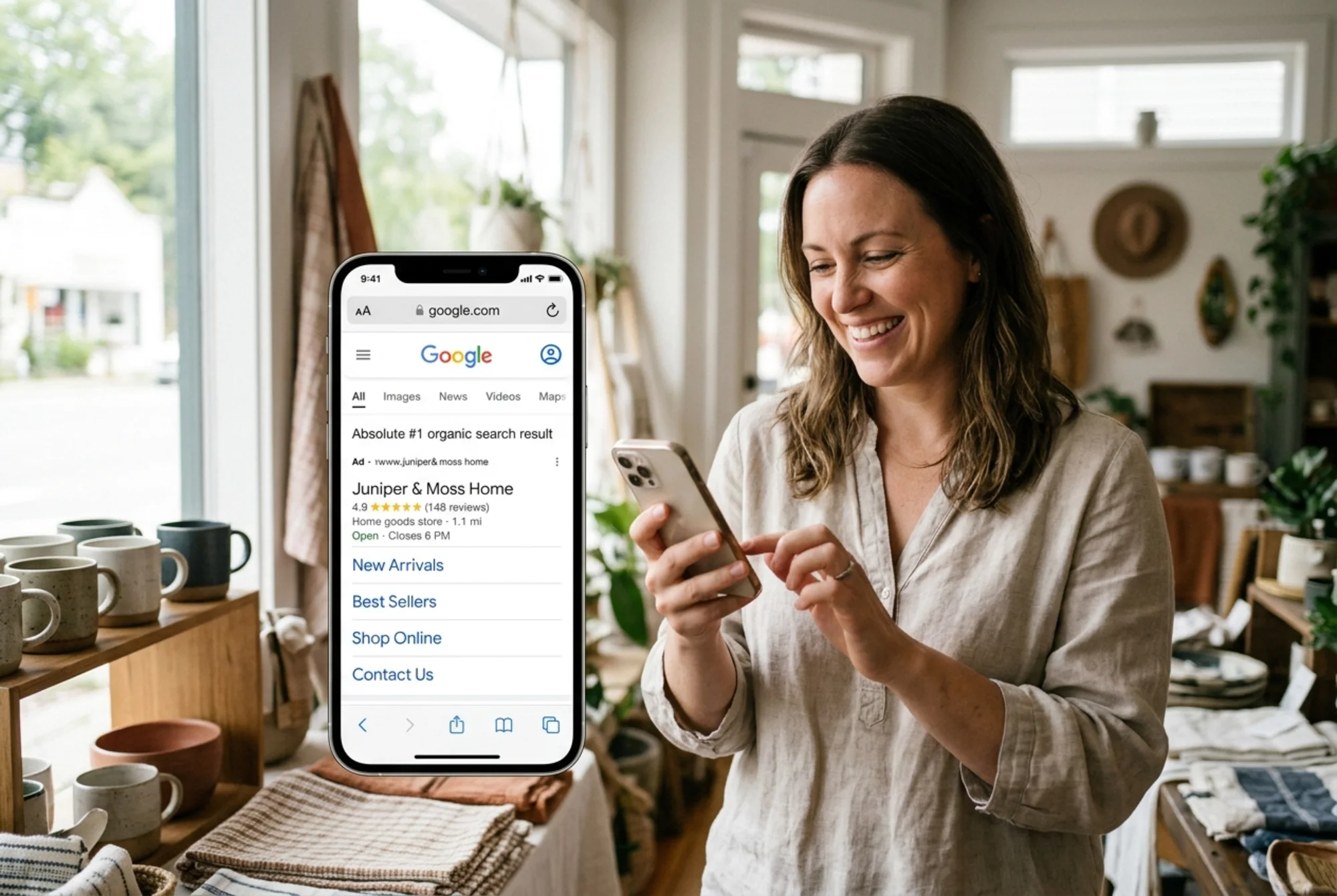 A boutique owner on their phone seeing their business website appear as the first organic Google result with a star rating rich snippet and accurate business hours displayed — the tangible payoff of fixing technical SEO foundations