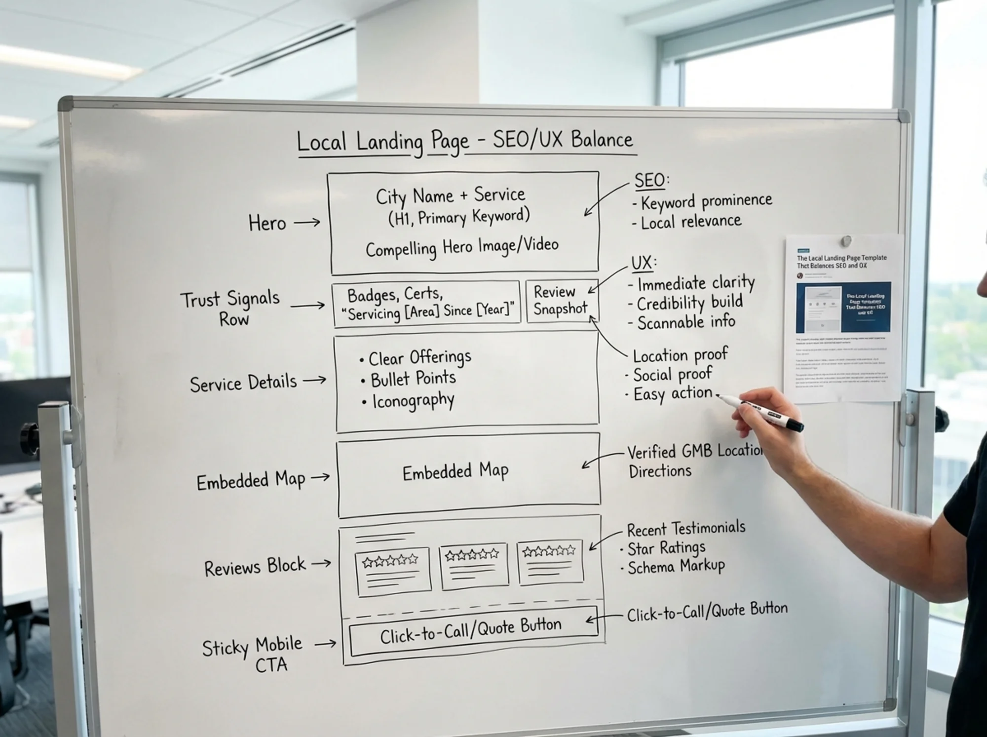 A wireframe-style breakdown of a local landing page with labeled sections: hero with city name and service, trust signals row, service details, embedded map, reviews block, and sticky mobile CTA — each section annotated with its SEO and UX purpose