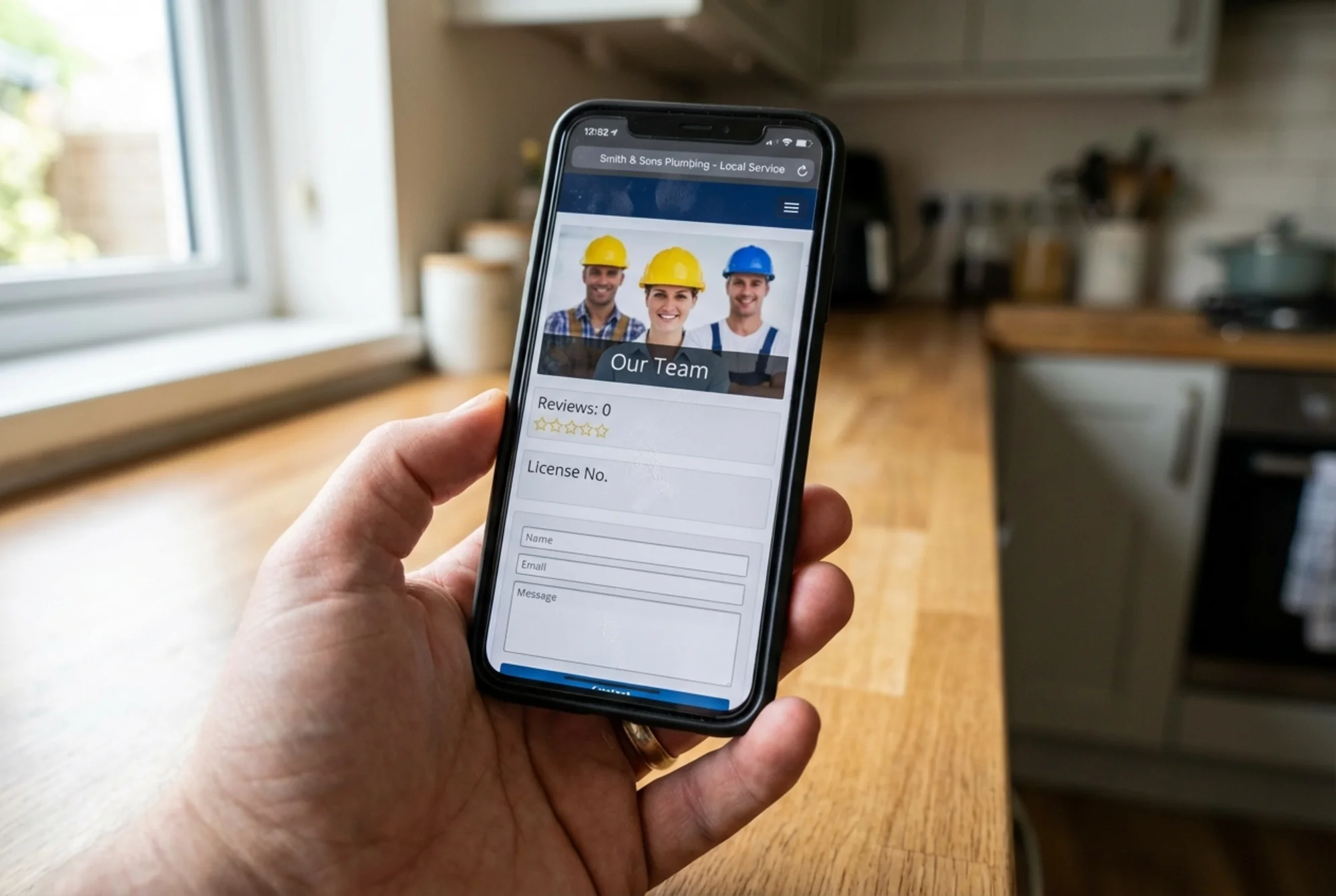 A smartphone screen showing a local plumber's website with no reviews, no license info, a stock photo team image, and a generic contact form — the kind of site visitors bounce from in seconds