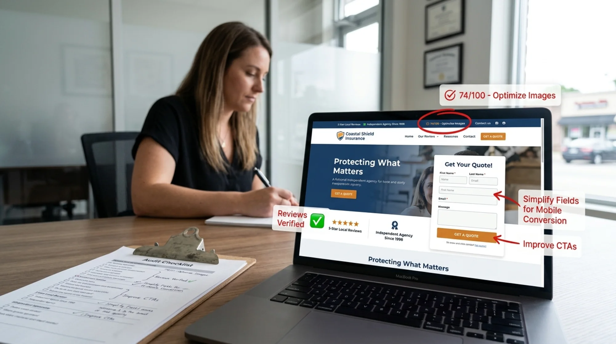 Insurance agency website displayed on a laptop screen with an audit checklist overlay marking speed, trust signals, and quote form sections, a "Get a Quote" button visible on the homepage