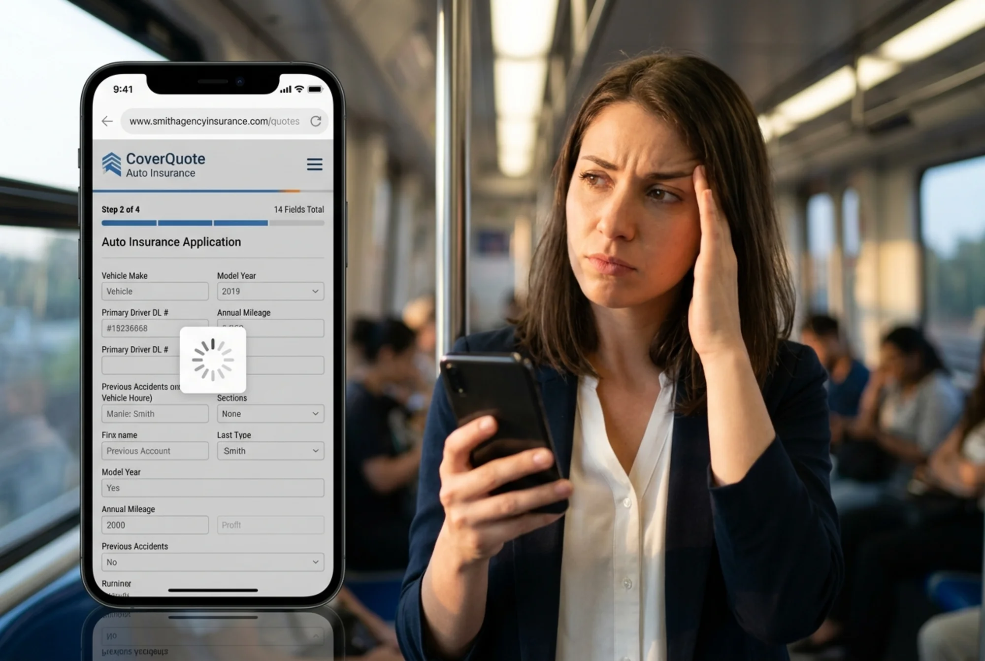 Frustrated prospect on a smartphone abandoning a 14-field auto insurance quote form mid-submission, half-filled fields visible, browser load timer showing a slow page on an agency URL