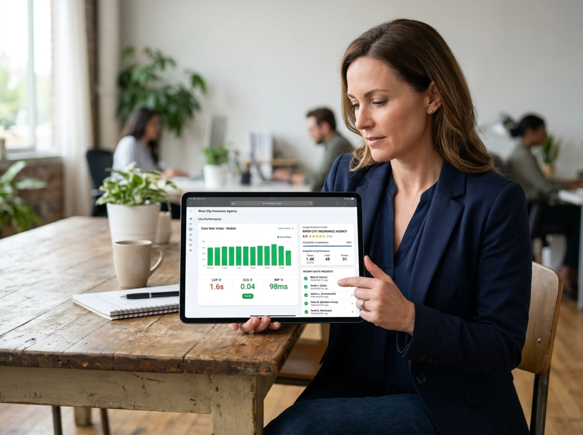 Insurance broker on a tablet reviewing analytics showing improved Core Web Vitals scores, a fully populated Google Business Profile listing, and completed quote requests for the agency