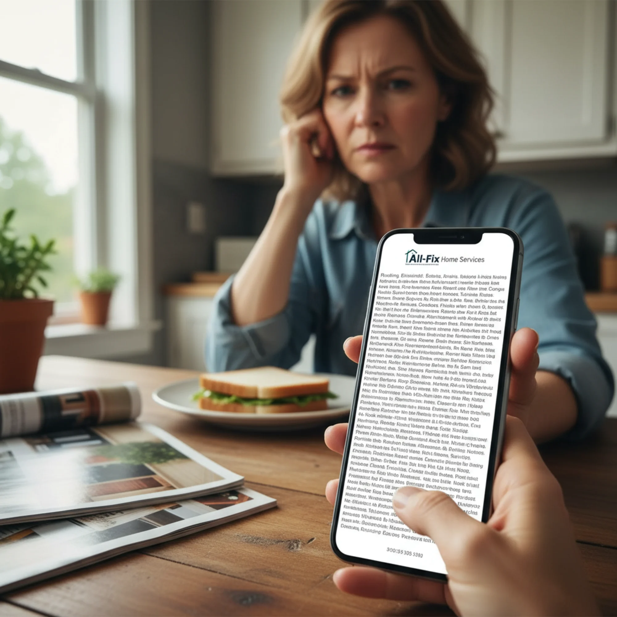 A frustrated homeowner scrolling through a contractor's cluttered single services page on their phone, with a long wall of text listing dozens of services with no clear headings or contact buttons