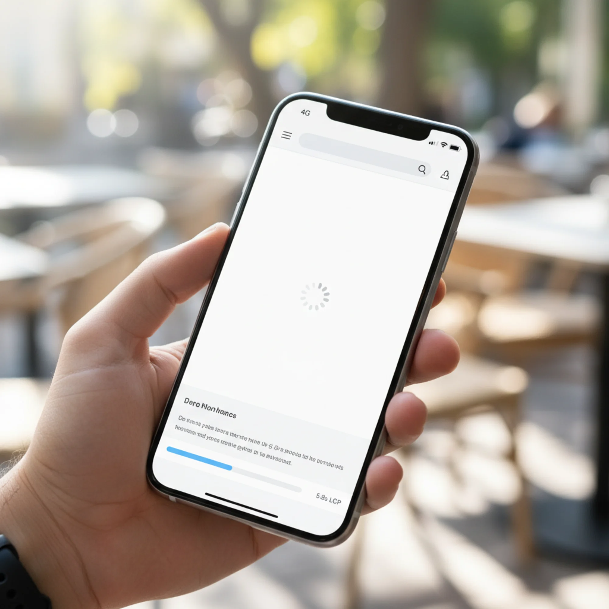 A mobile phone on a 4G connection showing a business homepage where the hero image area is blank white space with a spinning loader, while a progress bar at the bottom shows only 30% downloaded and the LCP timer reads 5.8 seconds